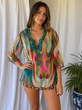 Cute Options Beaded Summer Festival Colorful Sheer Long Tunic Top | Small